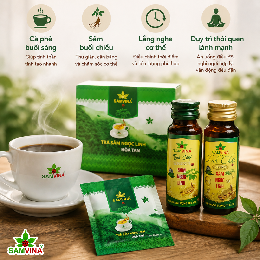 Caffe hay Trà Sâm? Cách sử dụng cả 2 một cách hợp lý. Hình ảnh: Sâm VINA
