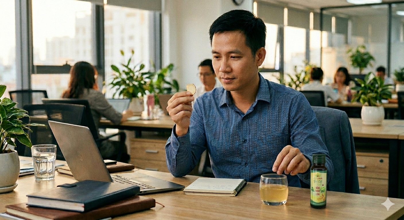 Sử dụng Tinh chất Sâm Ngọc Linh SÂMVINA mỗi ngày ngay tại bàn làm việc giúp dân văn phòng nhanh chóng nạp năng lượng và tăng cường sức đề kháng.